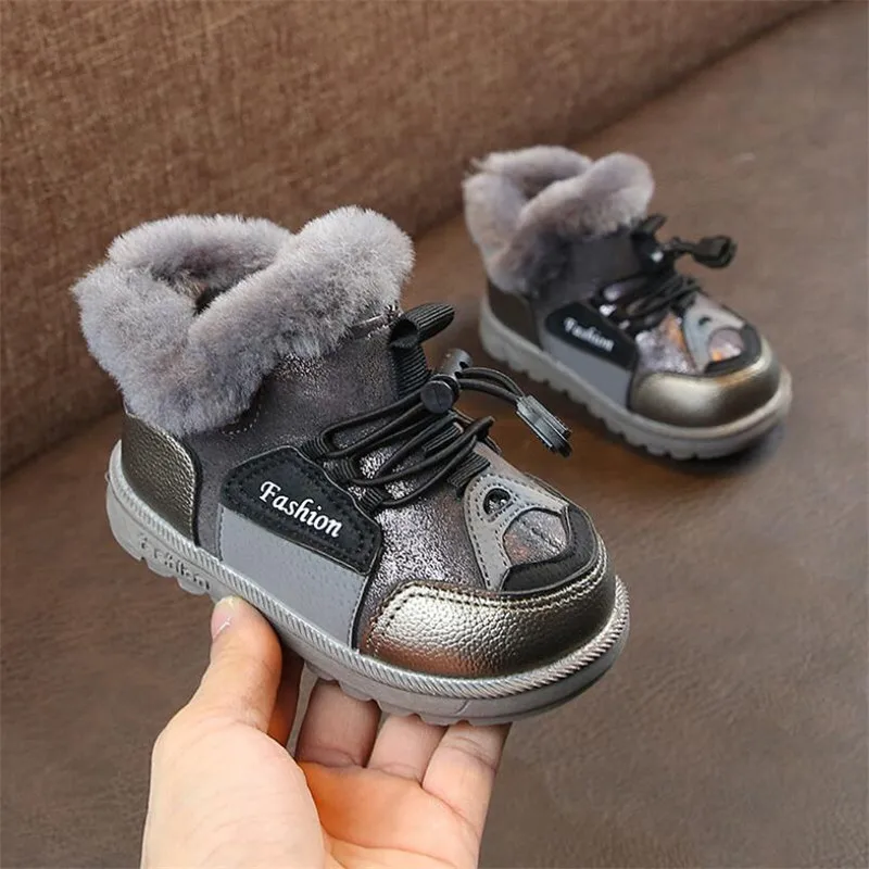 Новое поступление, зимние ботинки для детей, для девочек, плюшевые теплые ботинки для малышей, детские зимние ботинки для улицы, хлопковые ботинки - Цвет: Серый