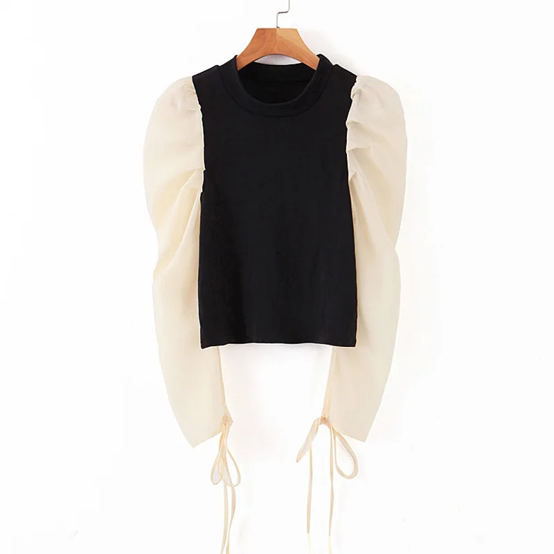 Buona notte O Neck Tshirts Women Fashion Transparent Long Sleeve Tops Elegant Patchwork Lace Up Tees Female Ladies IAB | Женская одежда