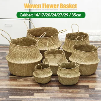 

Folding Seagrass Handmade Storage Basket Home Decorative Rattan Plant Flower Pot Decor Woven Wicker Belly Toy Laundry Basket