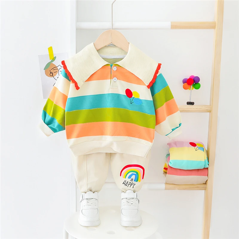 HYLKIDHUOSE 2020 Spring Baby Girls Clothing Sets Stripe Rainbow Lapel T Shirt Pants Toddler Infant Clothes Children | Мать и ребенок