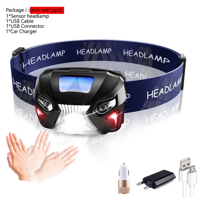Powerfull Headlamp USB Rechargeable LED Headlight Body Motion Sensor Head Flashlight Built in lithium battery Torch Light Lamp G