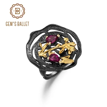 

GEM'S BALLET Natural Rhodolite Garnet Ring 925 Sterling Silver Golden Flower Adjustable Statement Cocktail Ring For Women Party
