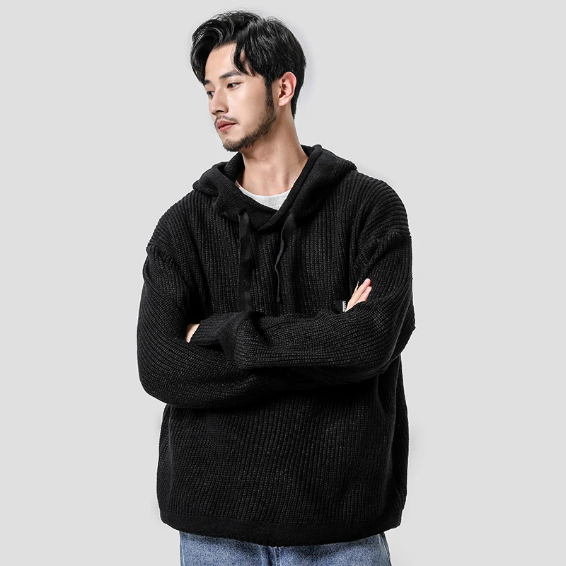 Yasword Men Casual Knitting Hooded Woollen Sweater Solid Color Loose Warm Man Knitted Hoodie Sweatercoat Male Wool Tops Pullover
