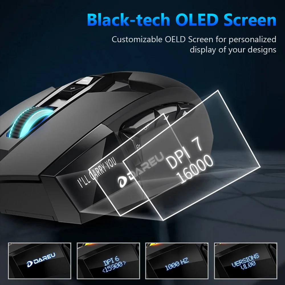 DAREU EM945 PMW3389 Sensor Gaming Mouse 16000DPI 440IPS KBS button Wired Mice with OLED Screen & DIY Side button For FPS Gamer