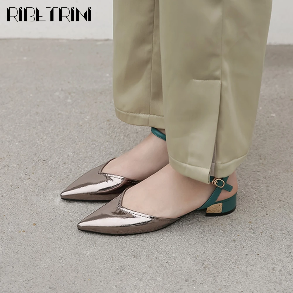 

RIBETRINI Female Metallic Low Heel Buckle Strap Shoes Genuine Leather Pointed Toe Women Sandals Summer Sandals