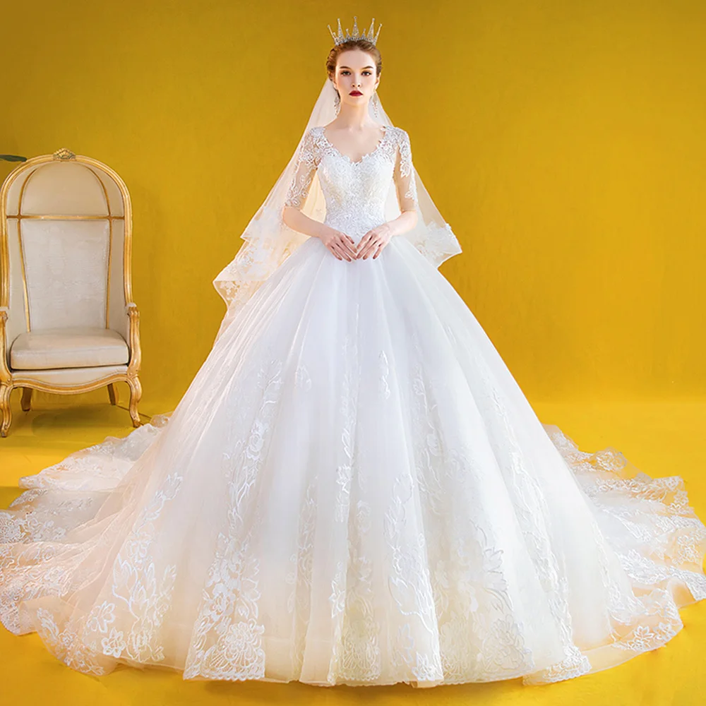 Abiti Da Sposa изготовленный на заказ половинный рукав v-образный вырез шнуровка сзади аппликации Белое Бальное платье Свадебные платья с подъюбником Gelinlik
