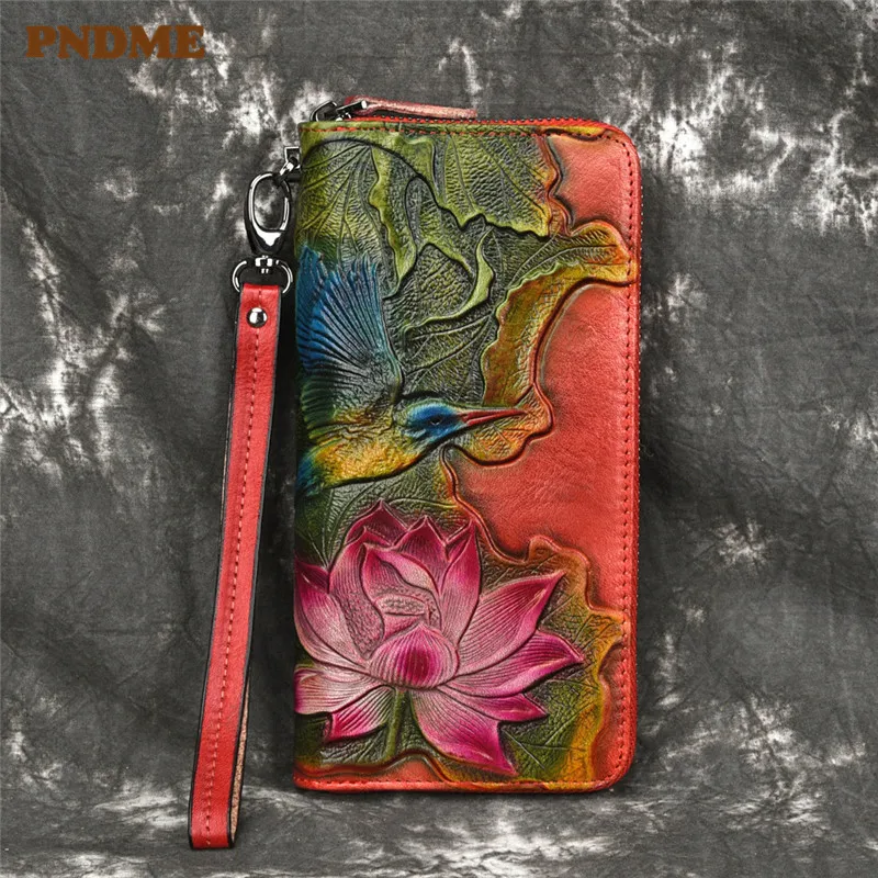 

PNDME first layer cowhide women's clutch wallet designer vintage embossed flower genuine leather long zippe luxury phone purse