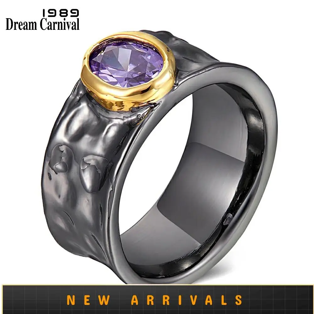 

DreamCarnival1989 Unique Stackable Band-Ring for Women Purple Zircon Black Gold Color 2 Tones Hot Selling Jewelry Rings WA11783
