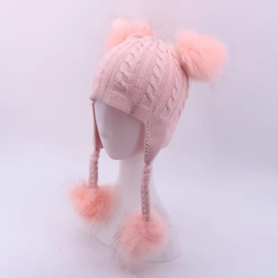 Зимняя детская одежда, вязаные Skullies шапки для детей от 2 до 6 лет детская шапочка шапки с помпонами из меха и с помпонами на открытом воздухе для девочек и мальчиков; теплые детские шапки-ушанки - Цвет: Pink
