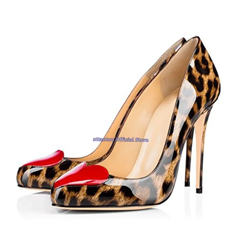

Mixed Color Leopard Red Heart Thin Heeled Pumps Round Toe Slip on Ladies Pumps Designer High Heel Shoes Mujer