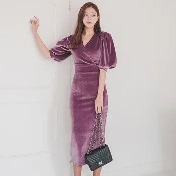 

Elegant Puff Sleeve Velvet Women Dress 2019 V-neck Slim Waist Evening Special Occasion Mid-length Dresses Female Pencil Vestidos