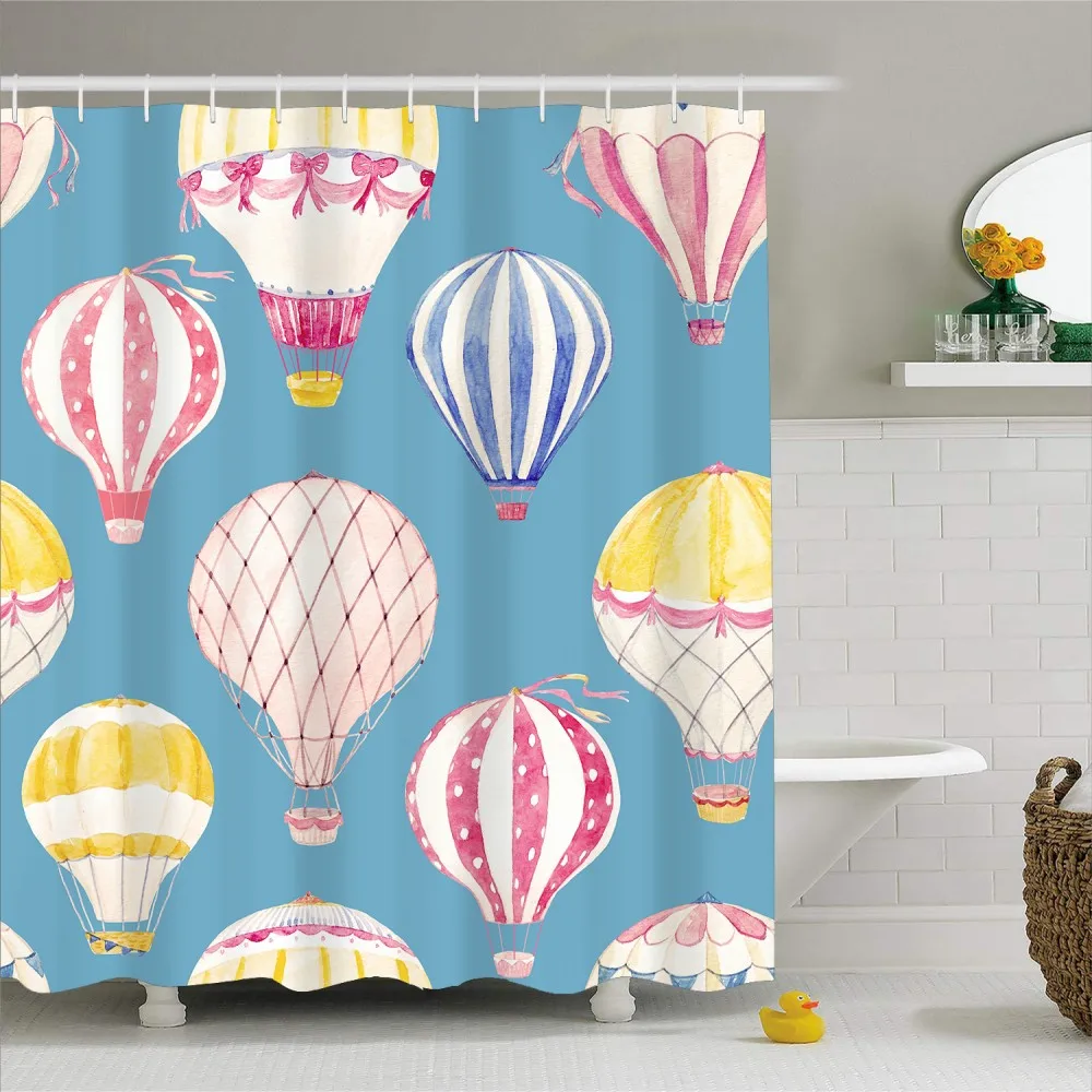 3D Print Durable Waterproof Polyester Shower Curtain with Hooks 1 Piece Hot Air Balloon Bath Curtain Bathroom Decor