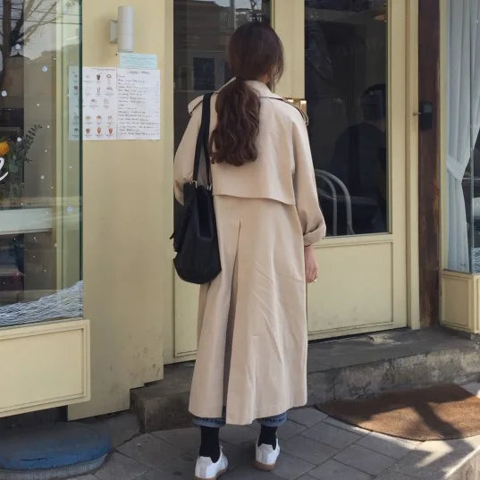 New Vintage Women Long Trench Coat Handsome Tide Coats Apricot D521
