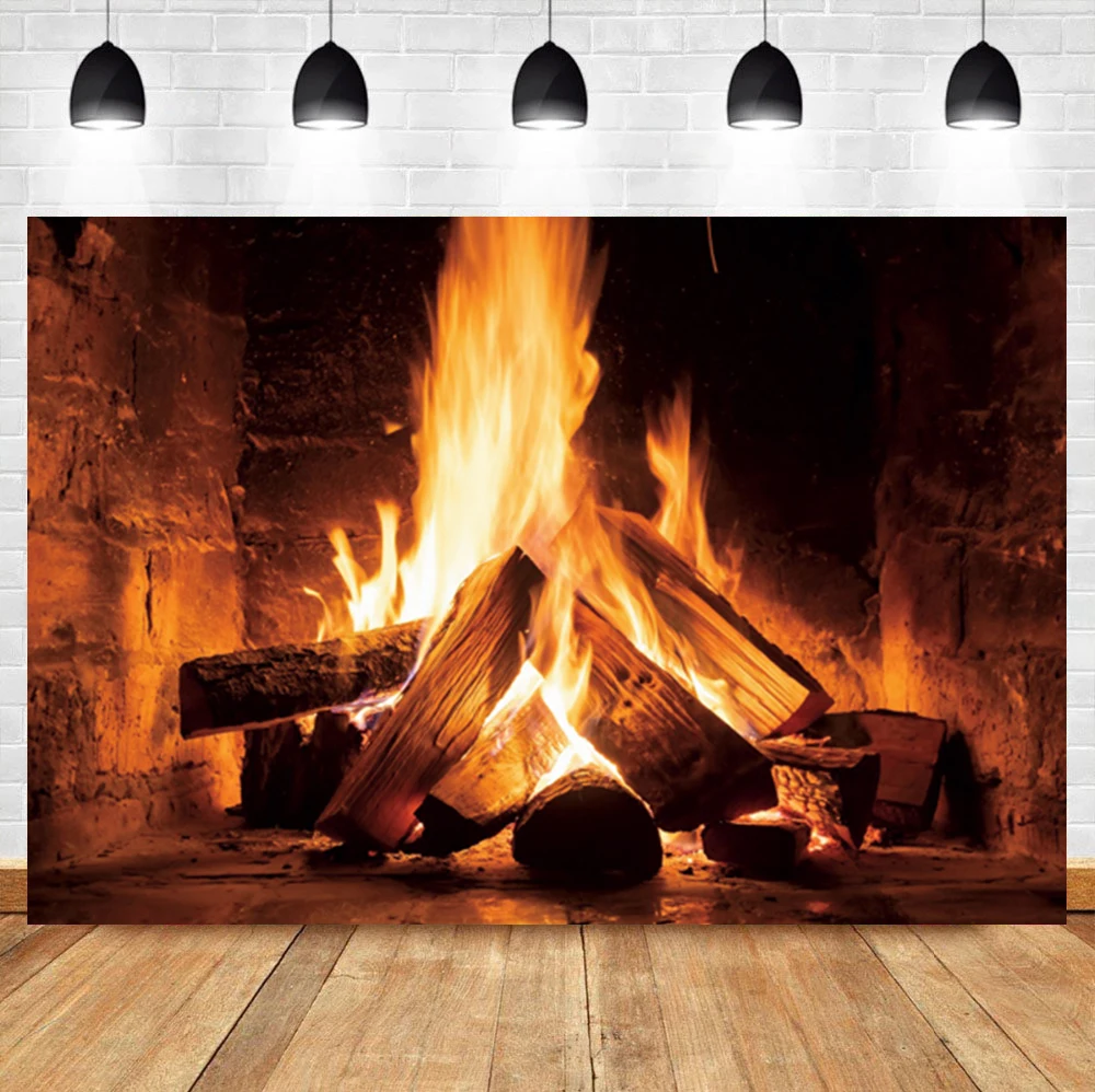 

Laeacco Brick Wall Fireplace Flame Burning Wood Christmas Party Room Decor Photographic Photo Background For Photo Studio