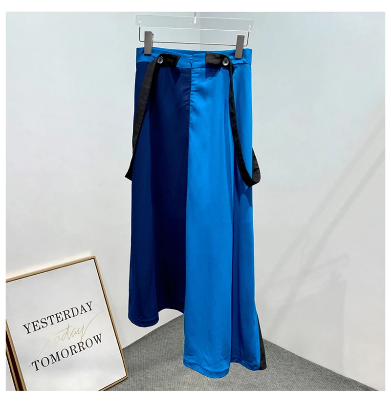 [EAM] High Waist Blue Asymmetrical Pleated Ruffles Temperament Half-body Skirt Women Fashion Tide New Spring Autumn 2020 1X801