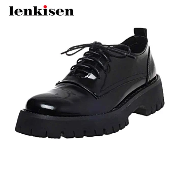 

Lenkisen 2020 natural leather thick bottom platform round toe med square heel lace up young lady dating handmade women pumps L02