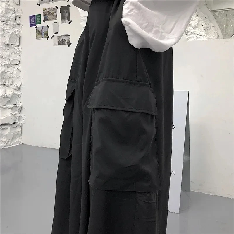 Large swing high-quality black wide-leg pants with slits female summer fall feeling nine-point tooling large pocket hakama trend