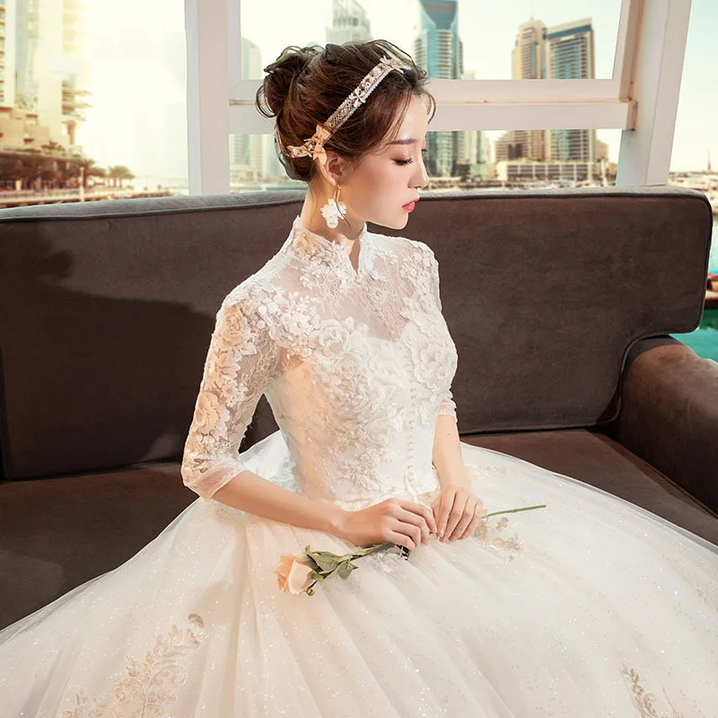 Collo Coreana Abito Da Sposa Collo Alto Manica Lunga Abito Da