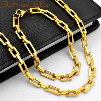 

SUNNERLEES Stainless Steel Necklace Bracelet Set 6mm Geometric Link Chain Gold Color High Polished Men Women Gift SC179 S