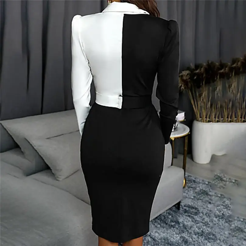 New Fashion Women Dress Long Sleeve Buttons Sexy V-Neck Patchwork Bodycon Office Lady Work Black Dress Vestidos 5S26 (8)