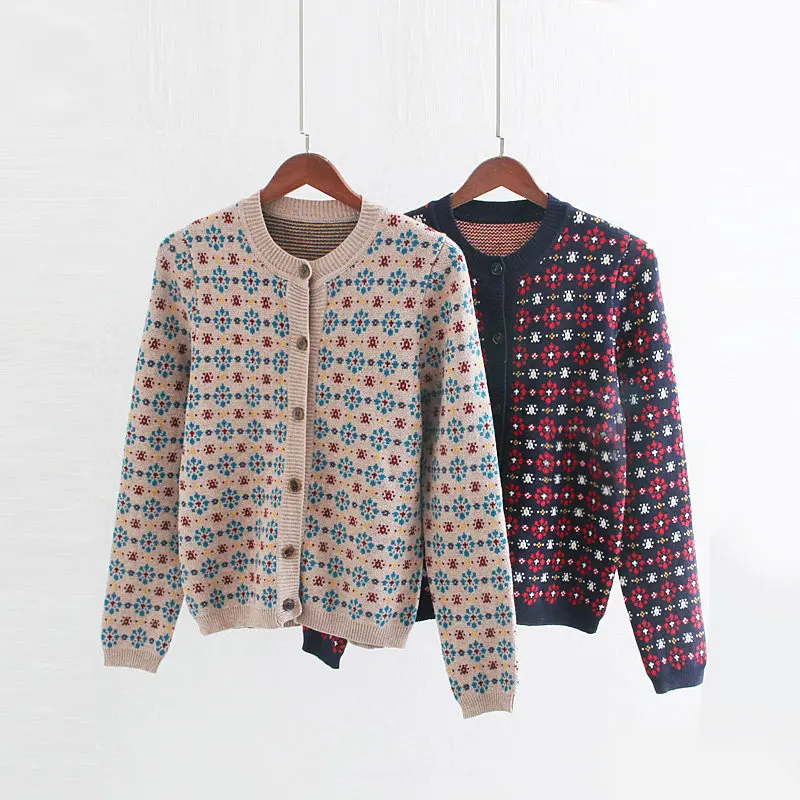 

2019 autumn women's cardigans sweaters england simple single breasted o-neck knitted cardigan women sweaters Floral print
