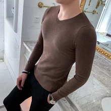 Осенне-зимний облегающий мужской свитер с v-образным вырезом, модные однотонные супер удобные мужские повседневные свитера, облегающие уличные мужские свитера, 3XL