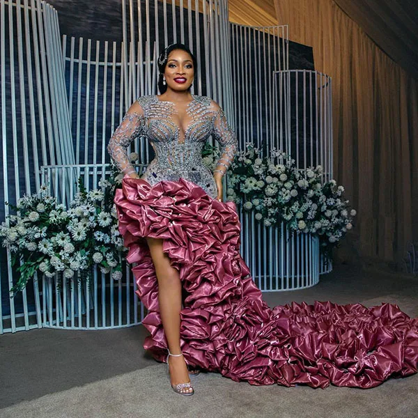 

Luxury Slivery Crystal Sequins Long Evening Gowns Aso Ebi Hi Split Fully Ruffles Pleated Africa Formal Occasion Dress With Train