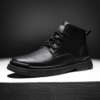 

Brand New Men's Boots Leather Casual Man Basic Ankle Leisure Lace-up Rubber Black Motocross Retro Shoes For Men Military Boots