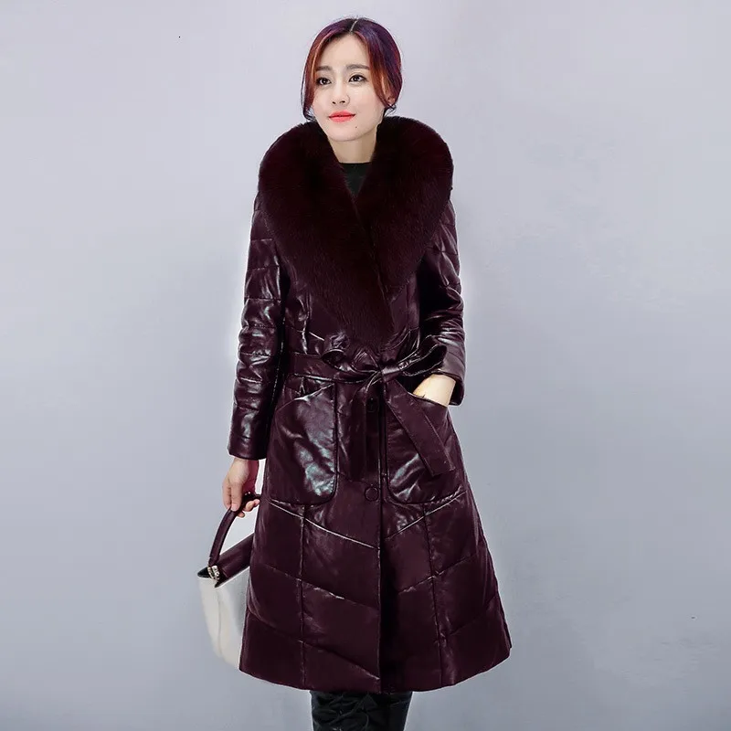 Winter Women Pu Leather Down Jacket Sashes Office Ladies Slim Fit Warm Outerwear Overcoat Fur Collar Long Coat Casaco Feminino