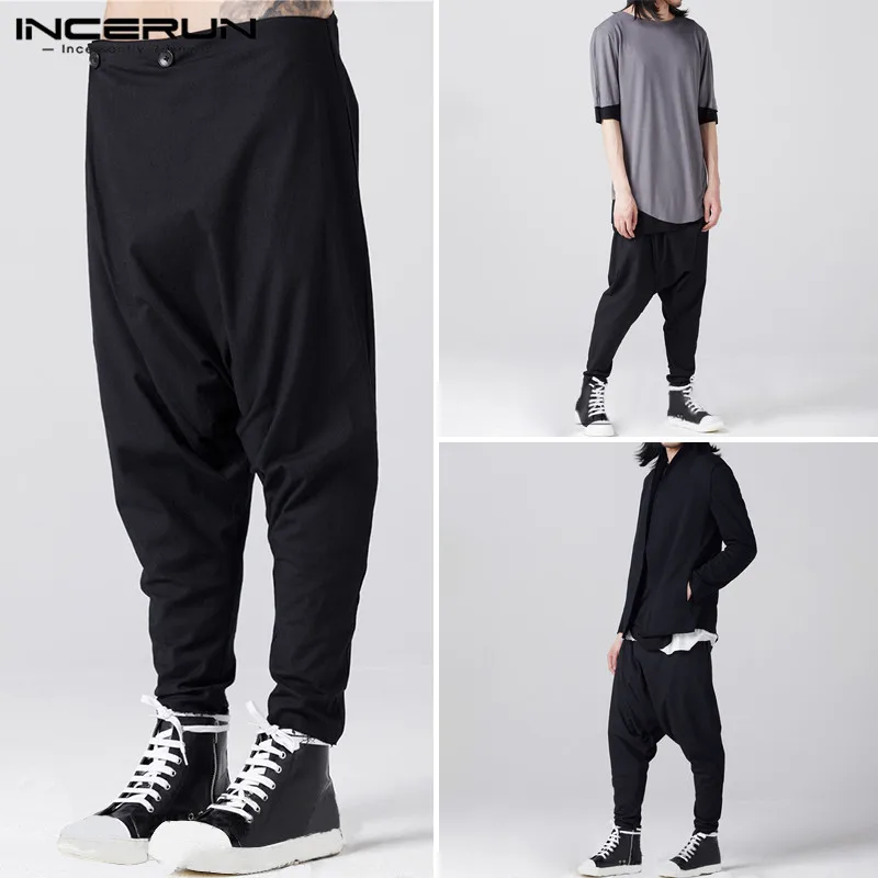 

INCERUN Men Black Loose Harem Pants Streetwear Men Buttons Sweatpants Male Streetwear Casual Mens Solid Color Trousers S-5XL
