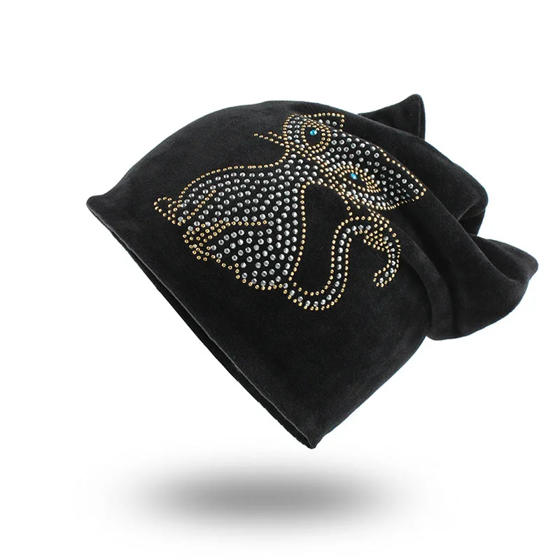 Женские шапочки со стразами, одноцветная теплая зимняя женская шапка с кошачьими ушками, Шапка-бини, фланелевая одноцветная шапка, кепка на голову, мягкая шапочка