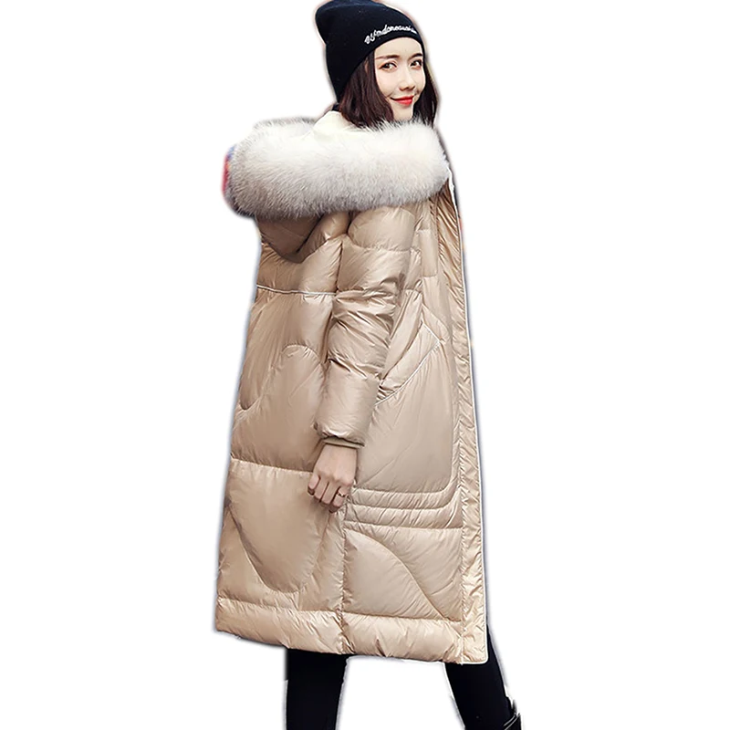 90% белая куртка-пуховик для женщин, плотное удлиненное худи, зимнее пальто из натурального меха енота, Женская куртка-пуховик Doudoune Femme