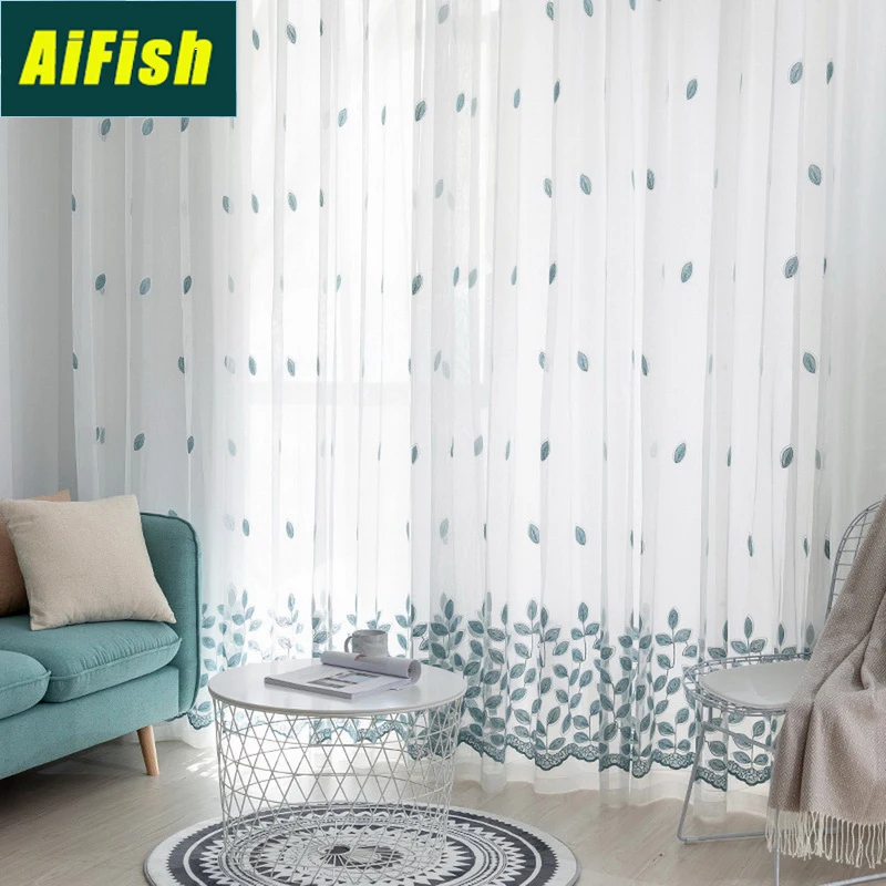 

Living Room Embroidery Tulle Curtain Modern Blue Gauze Curtain Bedroom Balcony Door And Window Curtain Home Decoration M099-3