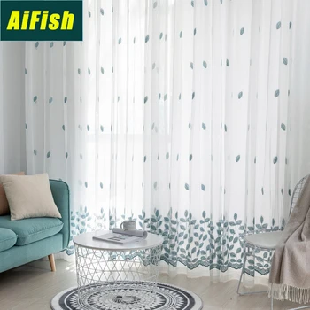 

Living Room Embroidery Tulle Curtain Modern Blue Gauze Curtain Bedroom Balcony Door And Window Curtain Home Decoration M099-3