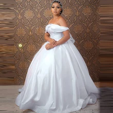 

Pure White Satin Wedding Dresses Ball Gown Aso Ebi Style Cap Sleeves Long Length South Africa Wedding Gown