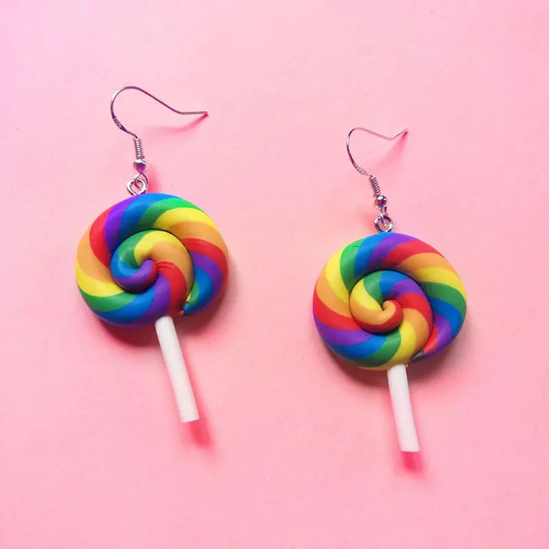 Funny Colorful Rainbow Lollipop Hook Earrings Polymer Clay Candy Ice cream Dangle Kawaii Women Fashion Jewelry | Украшения и