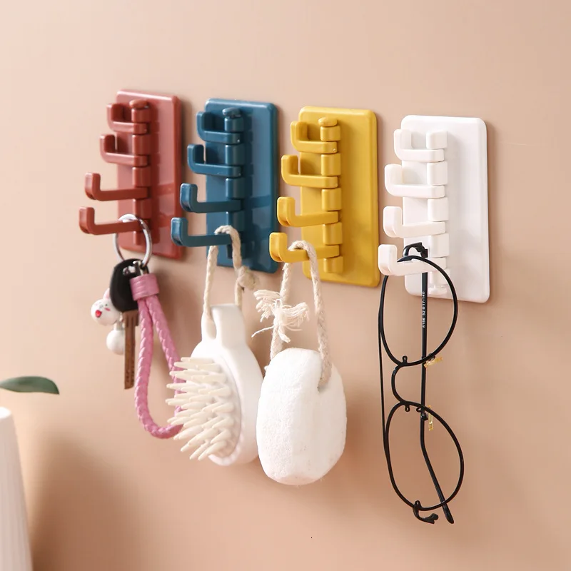 

Nail-Free Sticky Hook Key Holder Wall 4 Hooks Rotatable Storage Rack Living Room Bathroom Creative Coat Hanger Organizer
