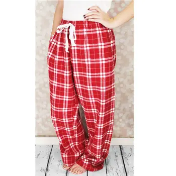 

US Christmas Women Loose Wide-legged Drawstring Casual Home Plaid Pants Trousers