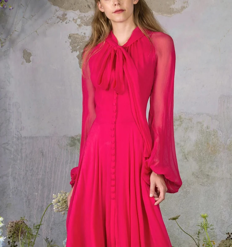 COLOREE осеннее женское красное платье Элегантное однобортное платье с длинным рукавом и бантом дизайнерское платье высокого качества для подиума