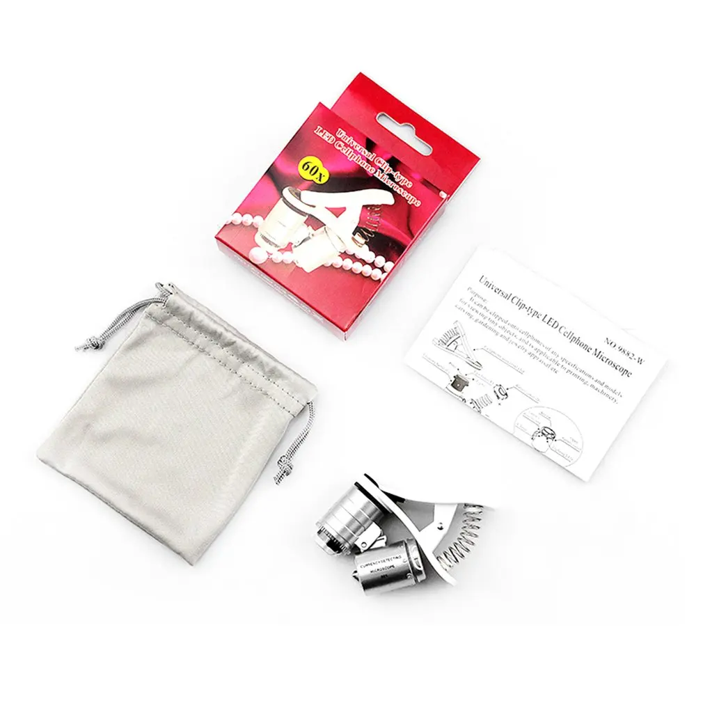 60X Clip-On Phone Microscope Magnifier Universal Clamp Microscope With LED / UV Lights Identification Of Jewelry Antiques