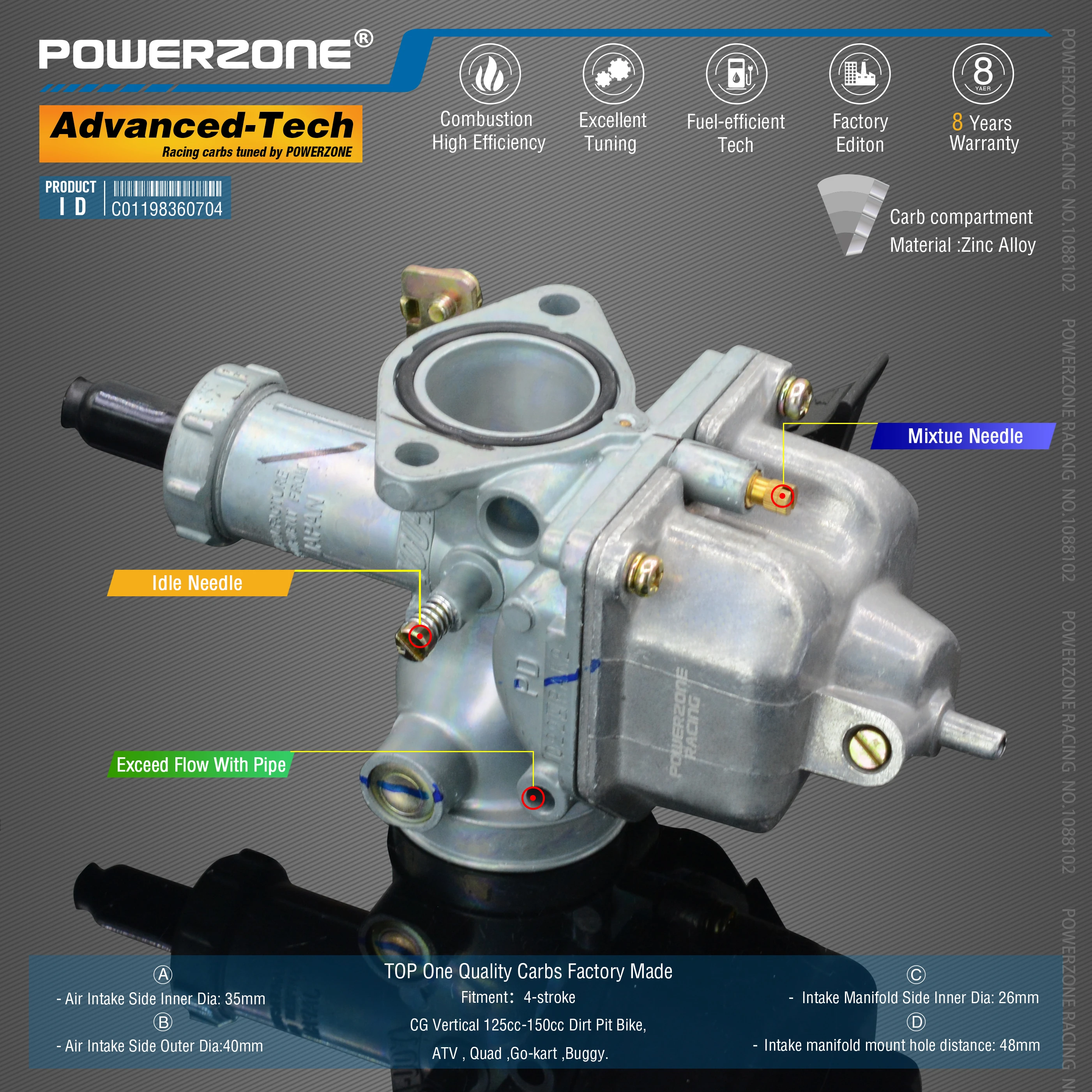 Powerzone карбюратор PZ26 26 мм CVK Ускорительный Насос Carb для CG вертикальный 125cc-150cc велосипед грязи, ATV, Quad, Go-kart, багги