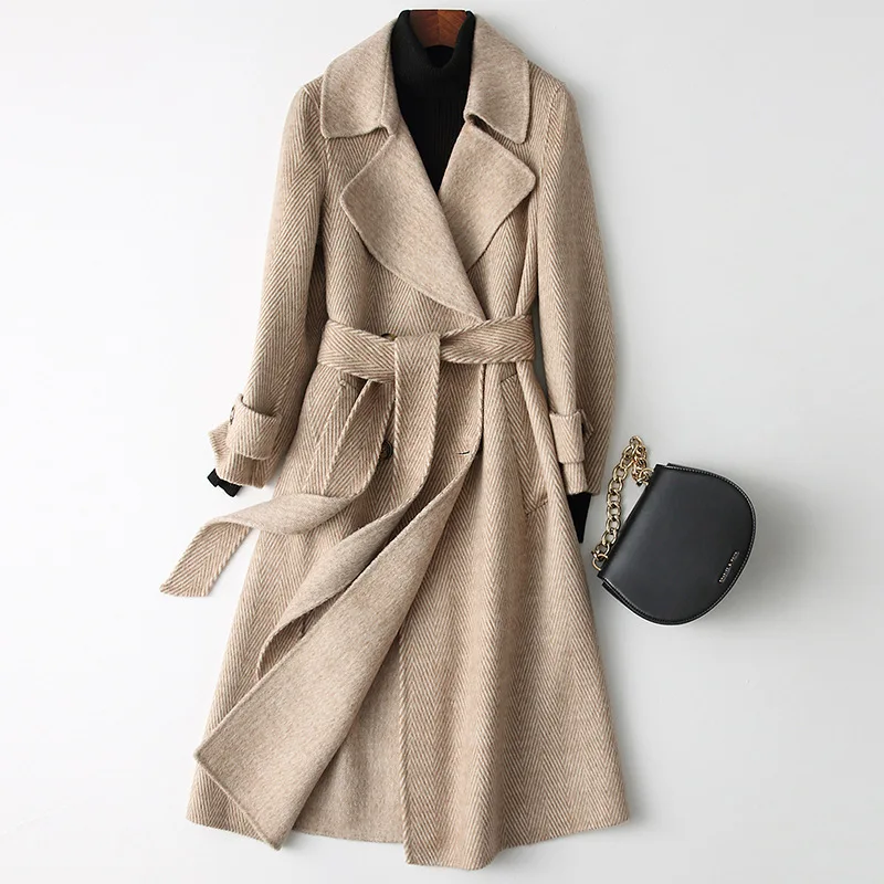 Осенне-зимнее шерстяное пальто женское длинное повседневное длинное двубортное тонкое пальто с поясом элегантное пальто с отложным воротником в елочку - Цвет: Camel Herringbone