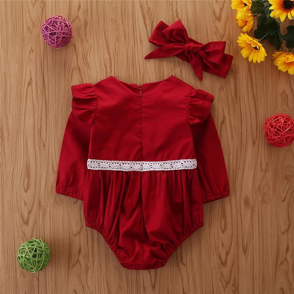 Newborn baby jumpsuit Infant Baby Girls romper Long Sleeve Ruffled Patchwork Lace Romper+Headband 2pcs Outfits Sets clothing