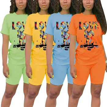 

Fashion Women Two Piece Set Letter Print Short Sleeves T-Shirt And Skinny Shorts Pants Sets Women Home Wear Outdoor Outfits Set
