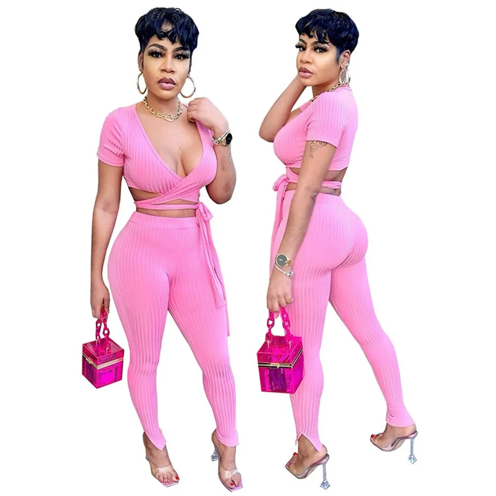 Short-Sleeved Trousers Suit Urban Casual Women Clothing Sexy Low-Cut V-Neck French Clothing 2021 Summer New Tight Trousers Suit