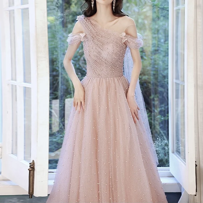 

Nude Pink Prom Dress A-line Pleat Pearl Round Neck With Streamers Ribbon Bride Wedding Guests Formal Party Evening Prom Gowns