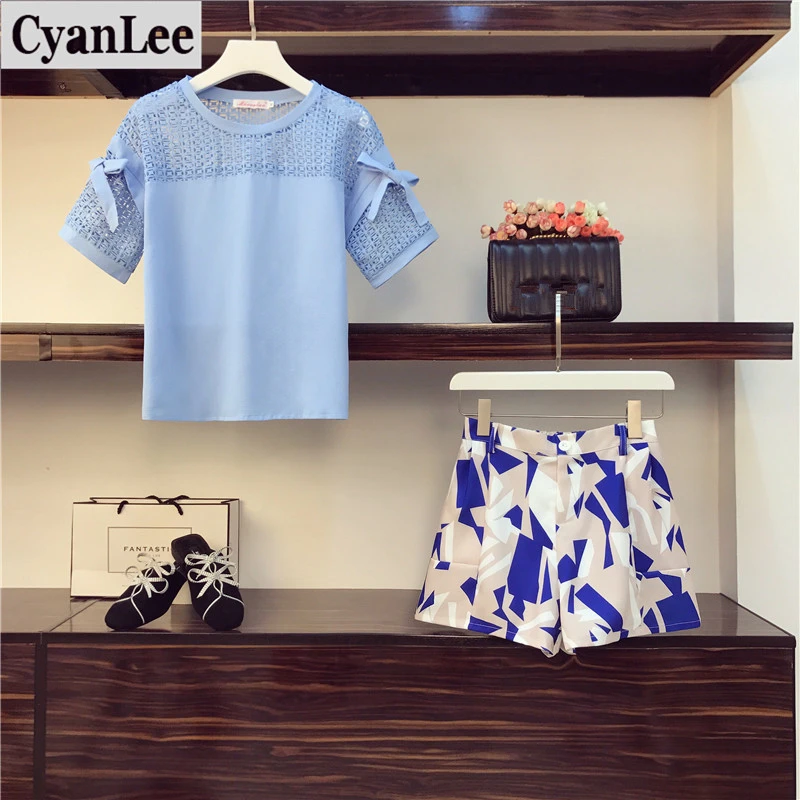 Cyanlee плюс размера лето 2020 новые женские костюмы футболка и шорты с кружевом