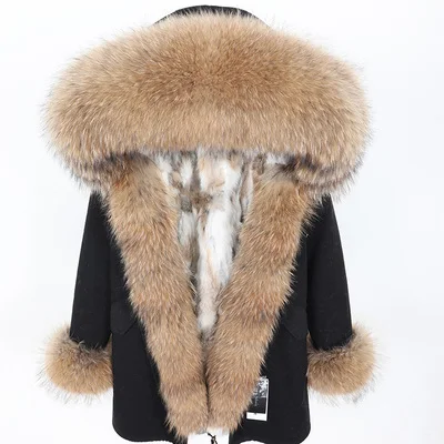 Новое кожаное пальто женский модный теплый кроличий мех супер большой воротник из меха енота длинная куртка Паркера женский - Цвет: 2