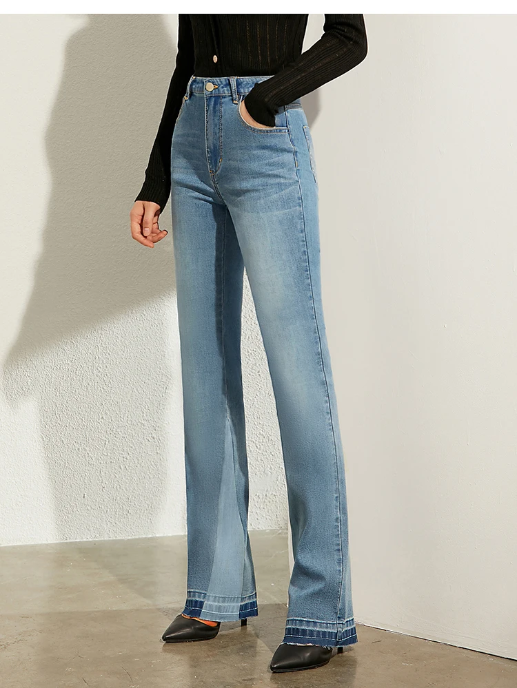 AMII Minimalism Summer Autumn Fashion Spliced Flare Women jeans Causal Cotton High Waist Ankel-length Female Jeans 12030139