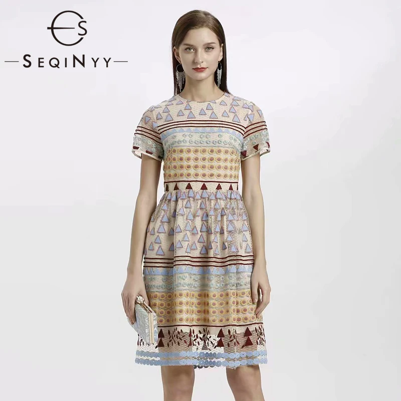 

SEQINYY Beige Dress 2020 Summer Spring New Fashion Design Women Short Sleeve Embroidery Flowers Mesh Mini Dress